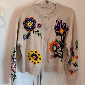 Alice + Olivia Beige Embroidered Floral Button Cardigan / Size M